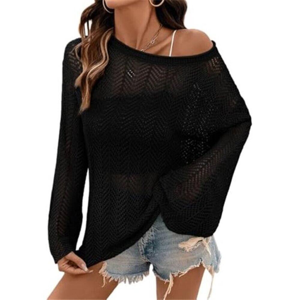 Black Crochet Beach Cover Up Bell Sleeve Mesh Sweater - Picture 8 of 9
